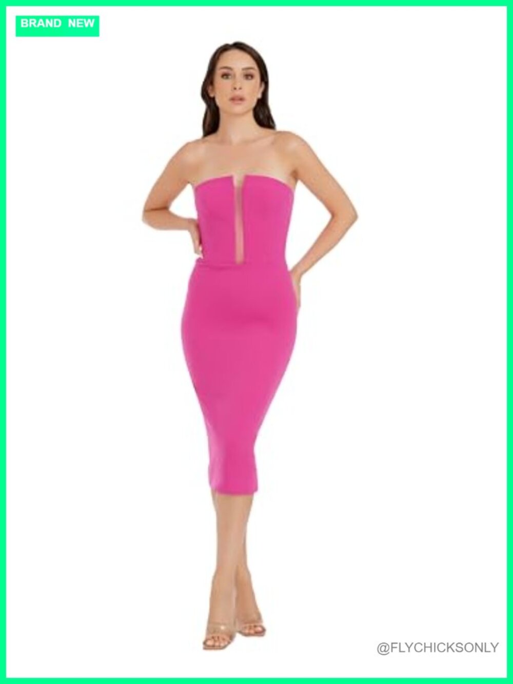 Erica Bodycon Midi Dress Mesh Insert Strapless Square Neck Sleeveless Cocktail